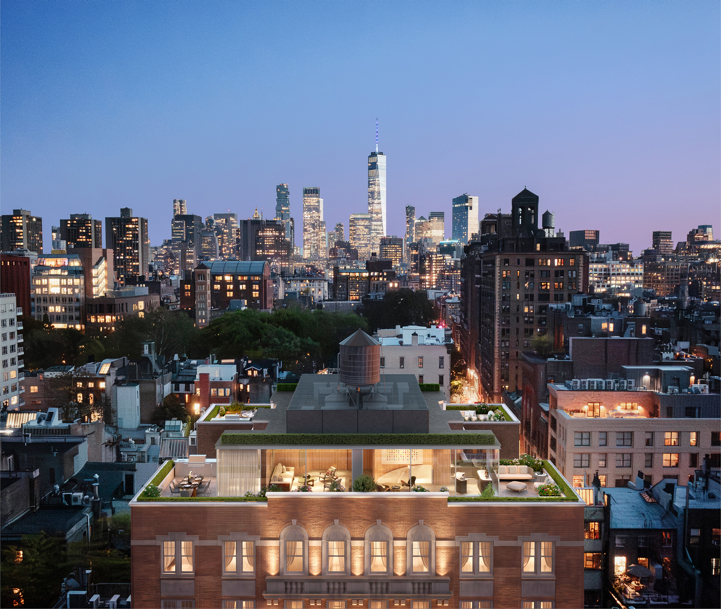 The North Penthouse crowning 26 West 9th Street at dusk