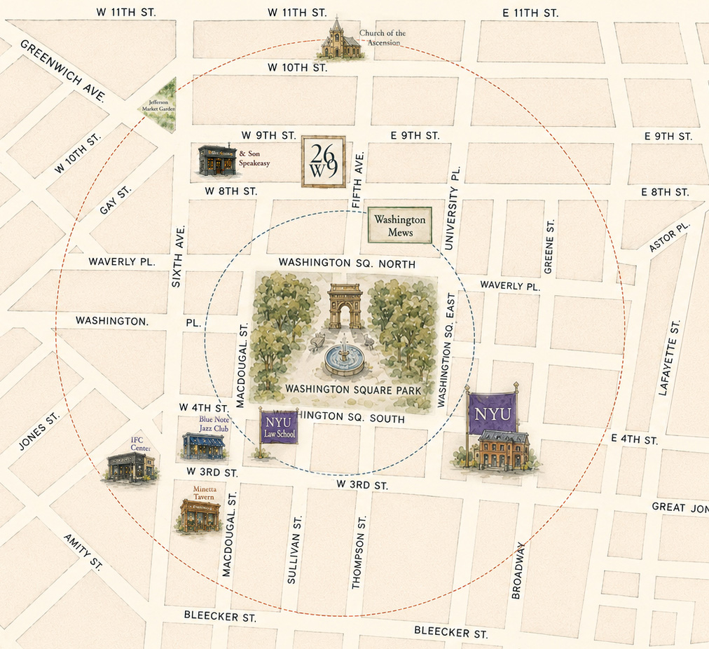 Map of Greenwich Village showing 26 West 9th Street