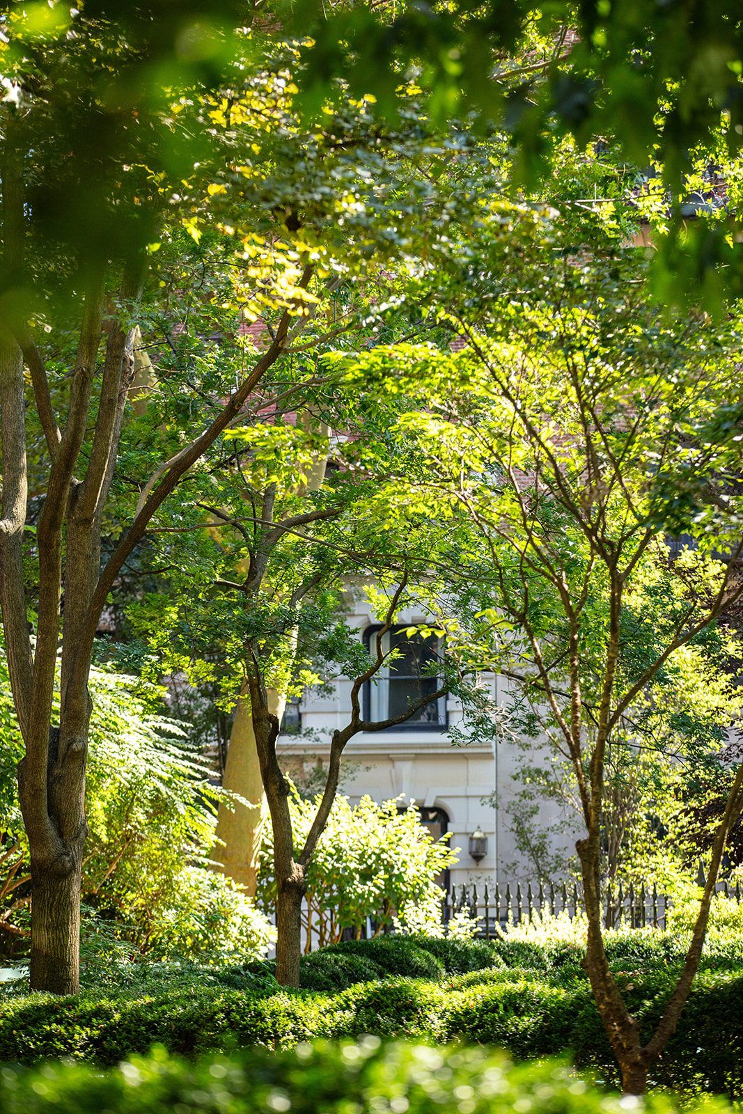 A Gramercy brownstone glimpsed through the park trees